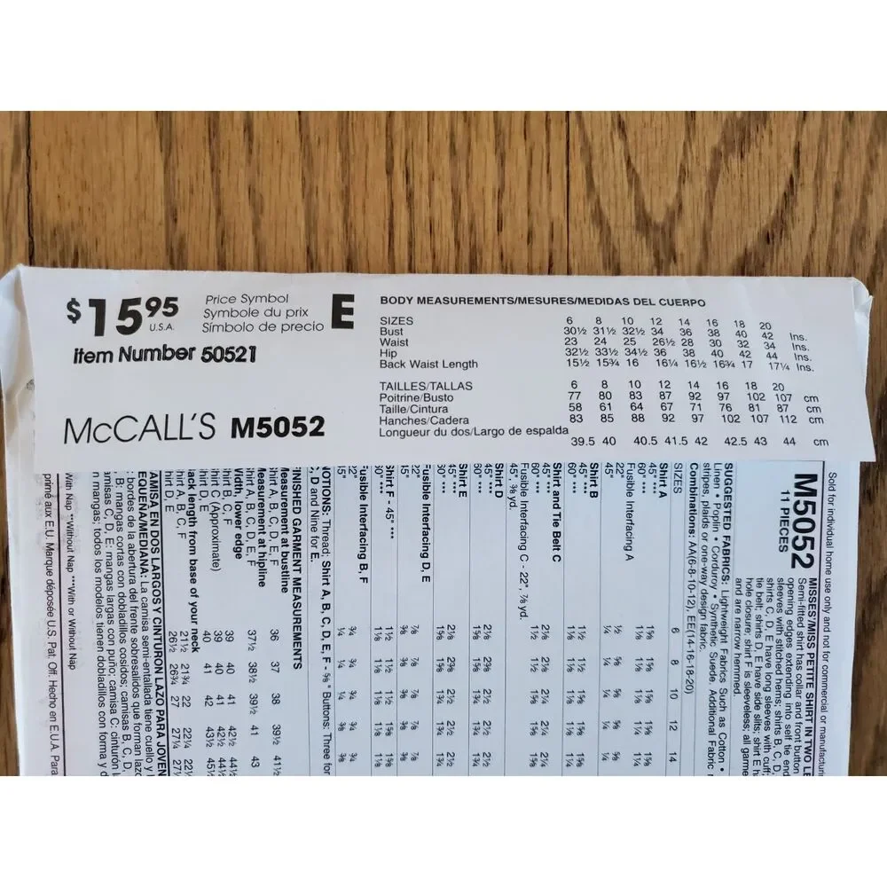 McCall's M5052 Pattern AA Womens 6-12 Collared Button Shirts Varieties New Uncut